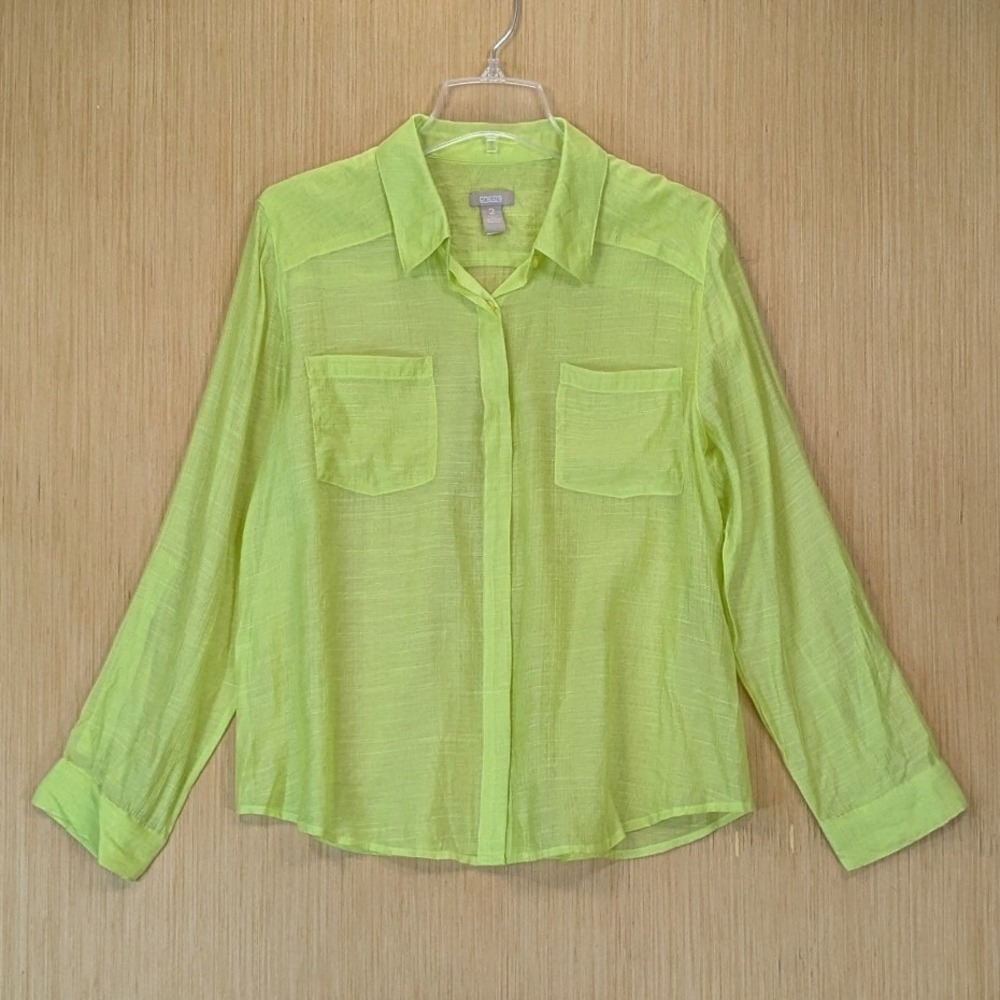 Chicos Blouse Womens Large Lime Green Lightweight Resortwear Beach Sheer Vibrant
